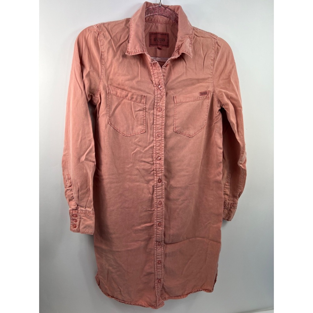 Guess Jeans Shirt Dress Women's Size XS Pink Long Sleeve Full Button Front